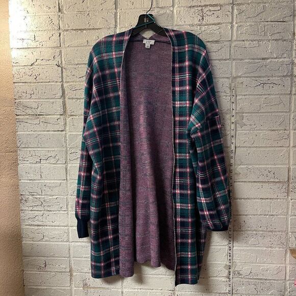 Crown & Ivy Open Front Cardigan Plaid Green & Pink Plaid Large - Picture 1 of 9